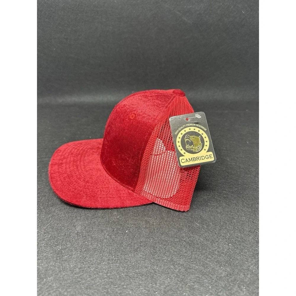 Cambridge Red Velvet Trucker Hat Snapback Mesh Back Flat Bill Cap NWT